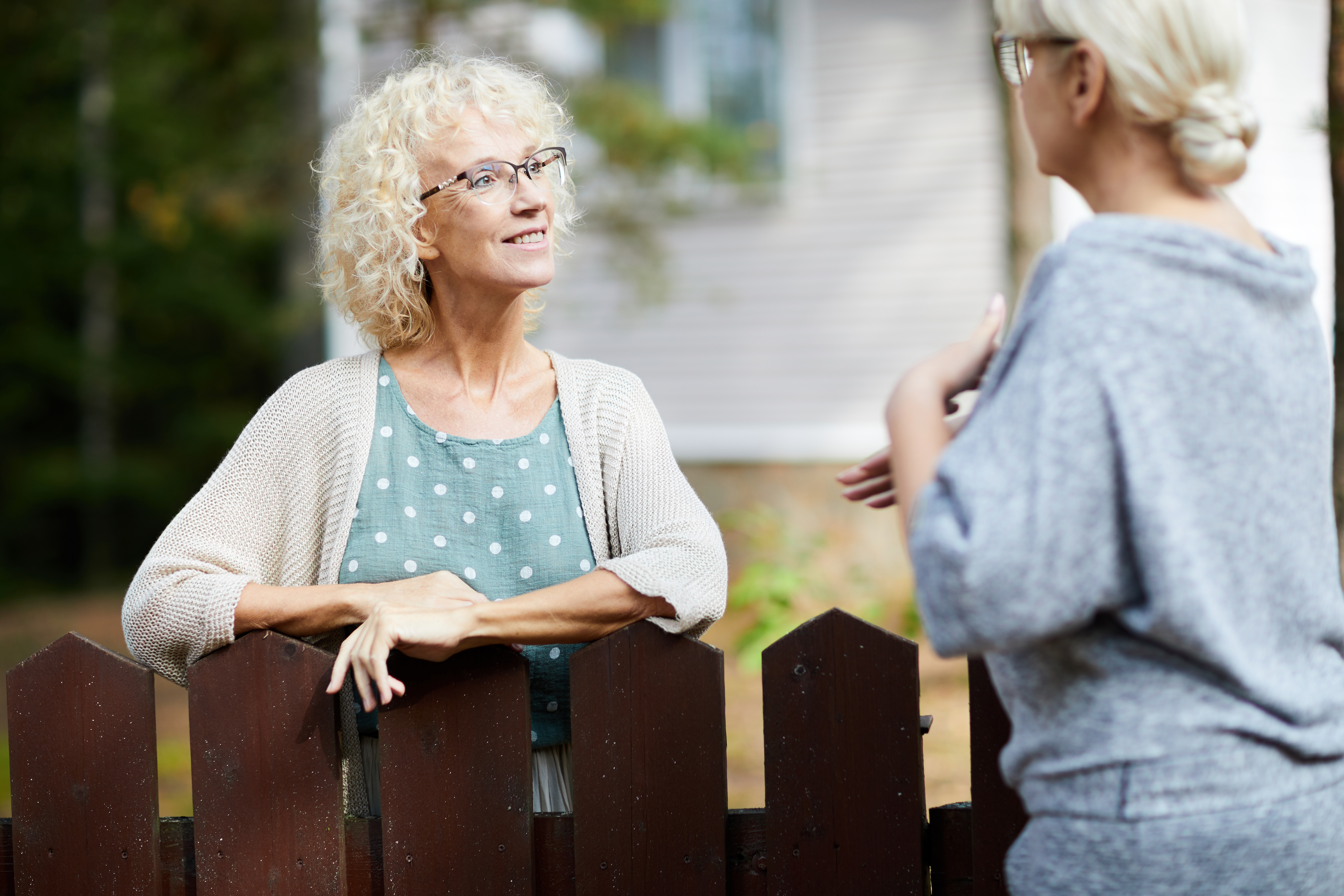 Two neighbors talking over a fence