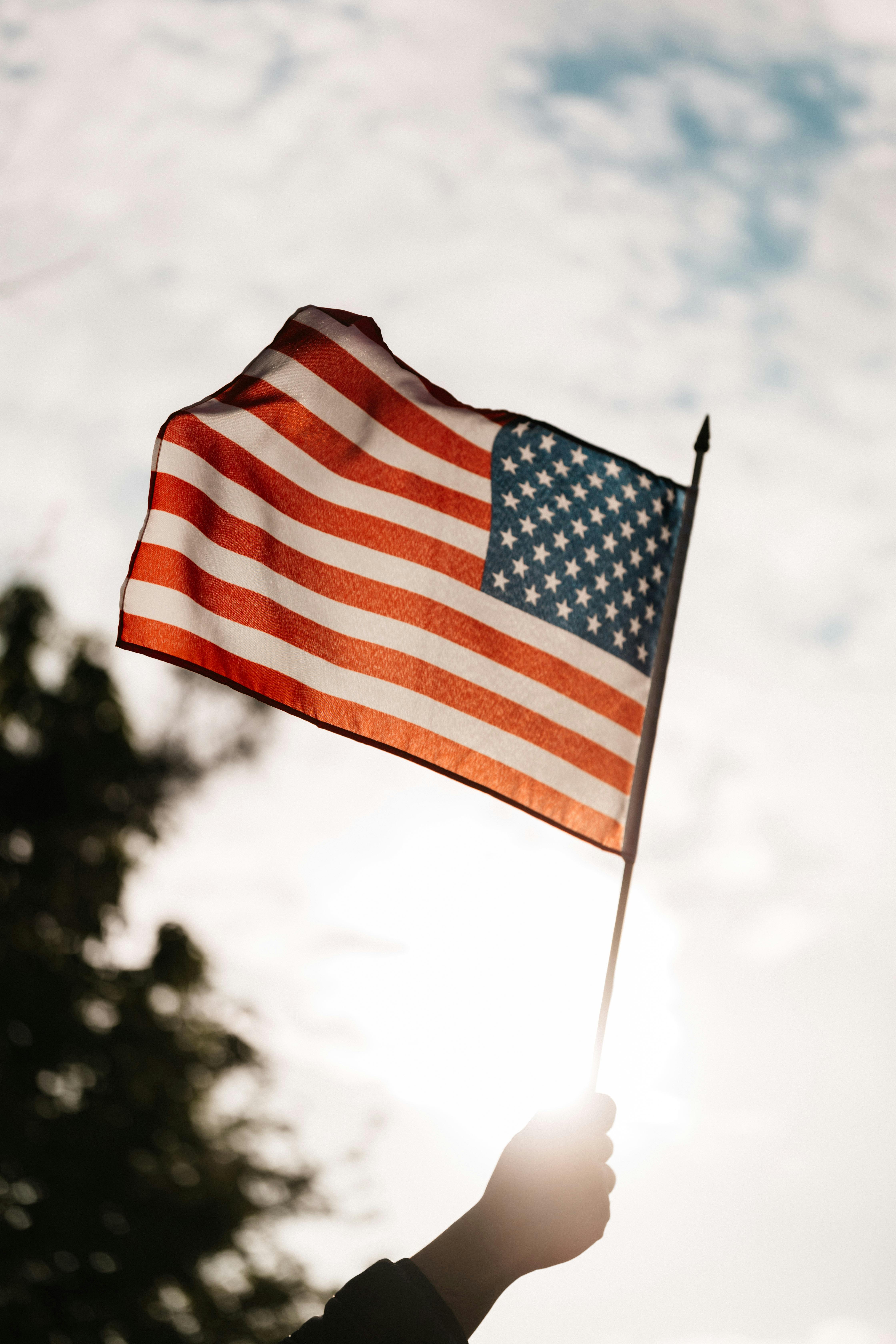 Hand holding an American flag against the sky